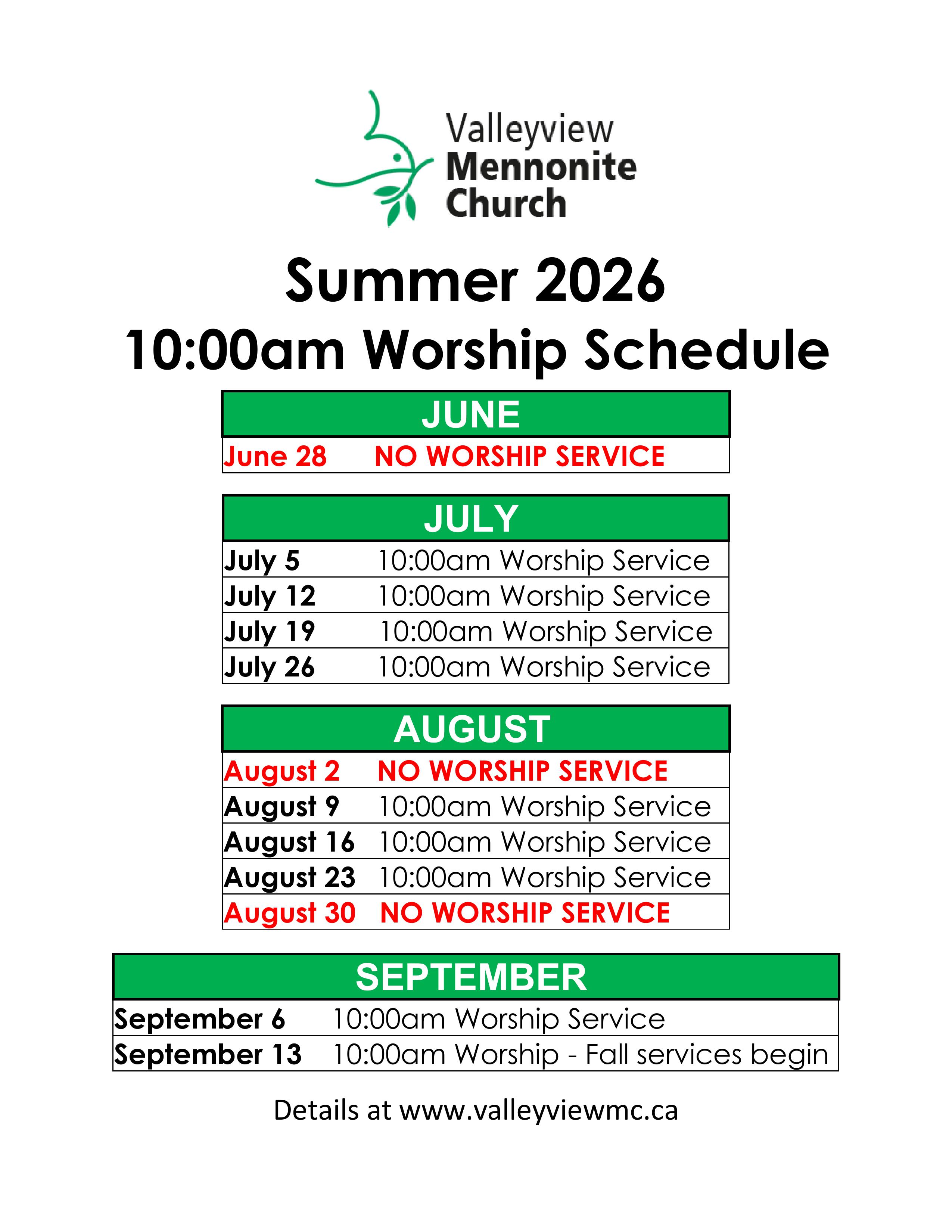 Summer 2026 Worship Schedule
